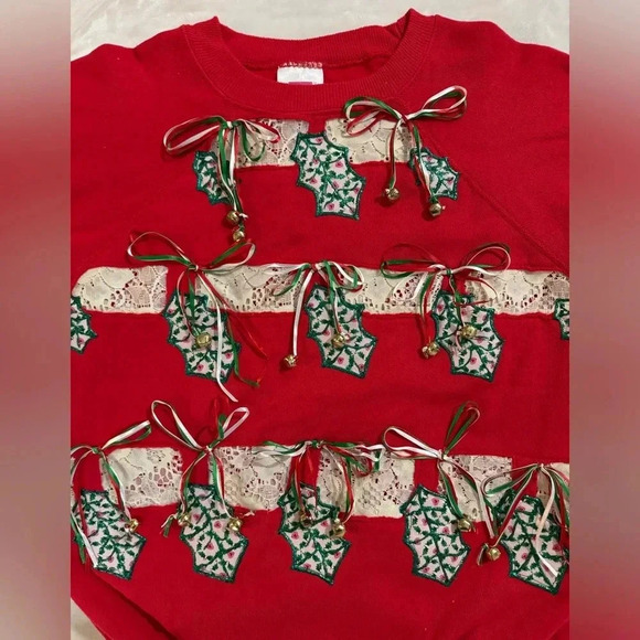 Vintage Hanes Ugly Christmas Sweatshirt Tacky Kitsch Granny Homemade Lace Bells - Picture 8 of 11